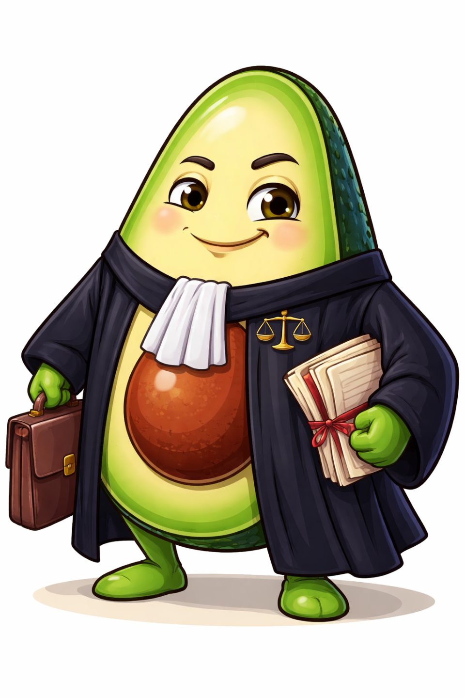 Personnage d'avocat (fruit) en robe de juge tenant un livre de lois et une mallette