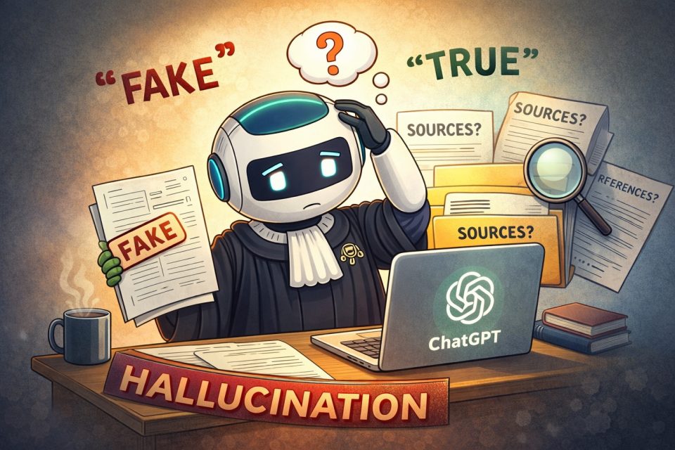 Illustration d'un robot juge assis à un bureau encombré de documents étiquetés FAKE et TRUE, avec un ordinateur affichant ChatGPT et un livre sur les hallucinations de l'IA.