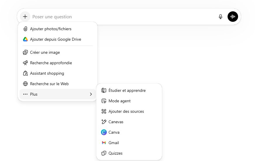 Interface épurée d'un assistant virtuel avec menu déroulant et icônes colorées