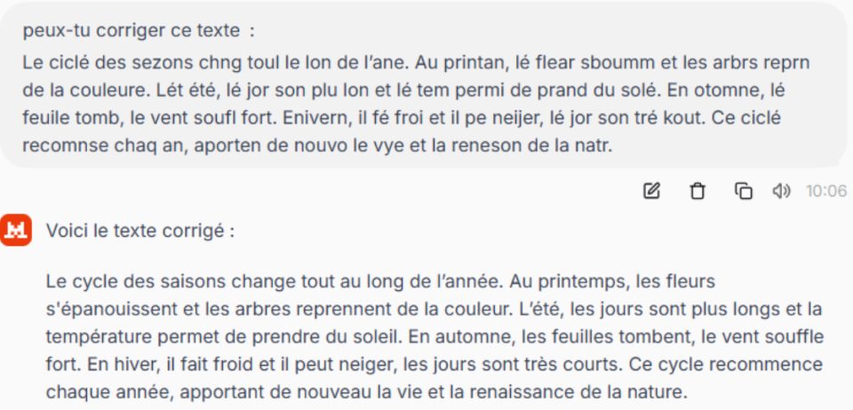 Interface de correction de texte avec fautes d'orthographe et grammaire corrigées.