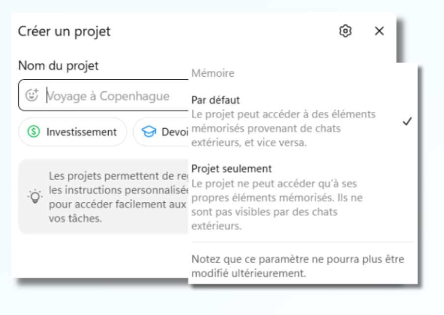 Interface utilisateur montrant les options de configuration de la mémoire d'un projet.
