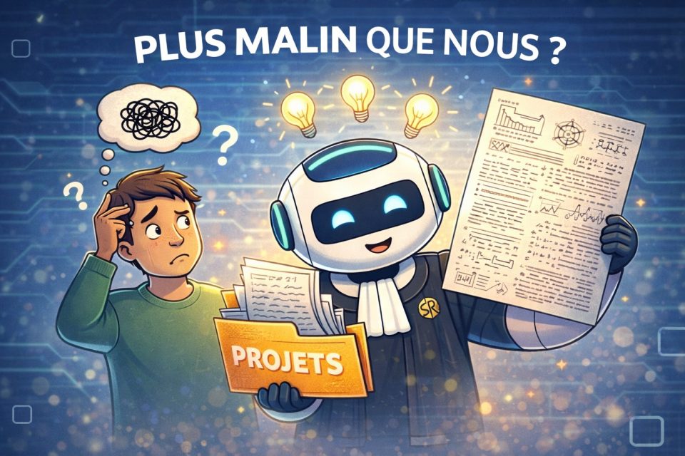 Jeune homme perplexe avec des symboles mathématiques et robot assistant avec dossier et schémas techniques.