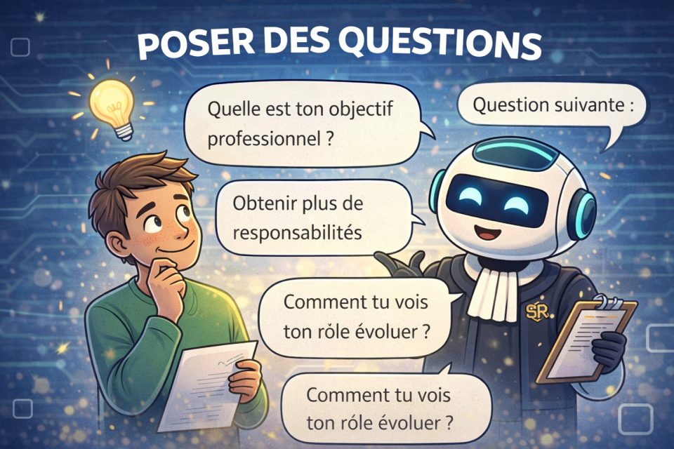 Jeune homme en réflexion face à un robot posant des questions sur ses objectifs professionnels.