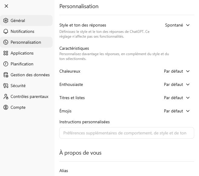 Interface des paramètres de personnalisation de ChatGPT avec options pour le ton et le style.