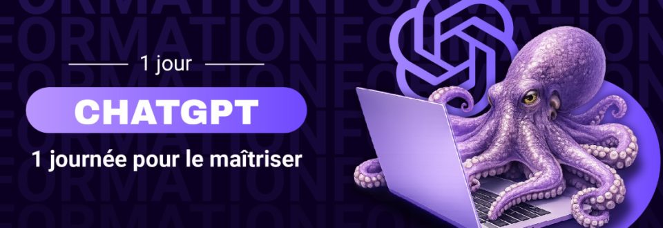 Illustration d'un poulpe violet devant un ordinateur pour une formation ChatGPT d'une journée.